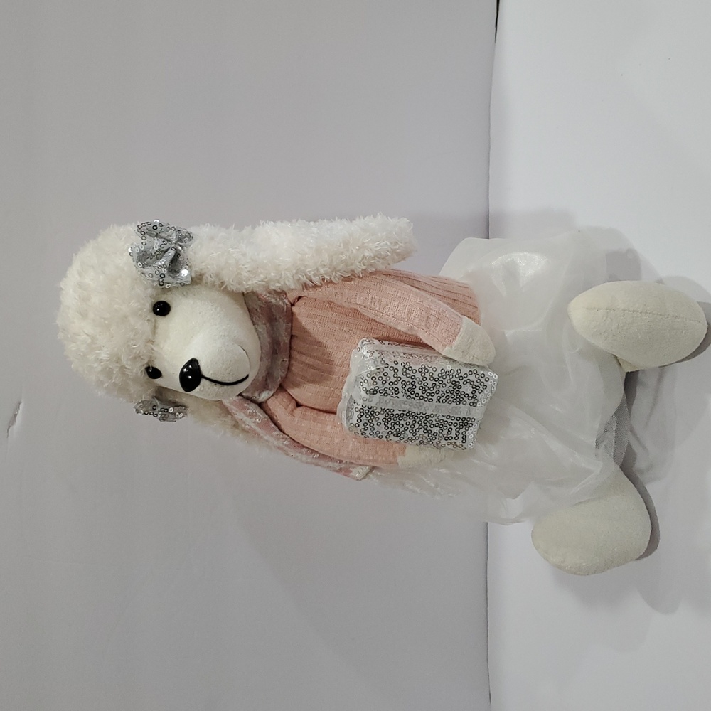 White poodle Holiday Christmas plushie with silver sequin hair bow and present